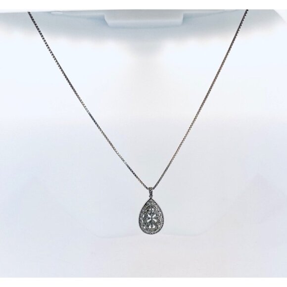 Estate 925 Sterling Silver Teardrop Filigree Pendant Necklace Marcasite Style - Picture 1 of 9